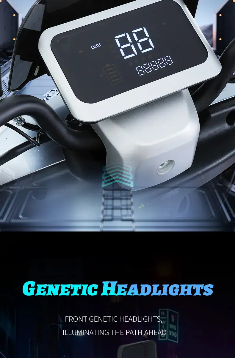 Close-up of a modern electric vehicle's digital dashboard displaying speed and battery info, highlighting advanced genetic headlight technology for enhanced road illumination.