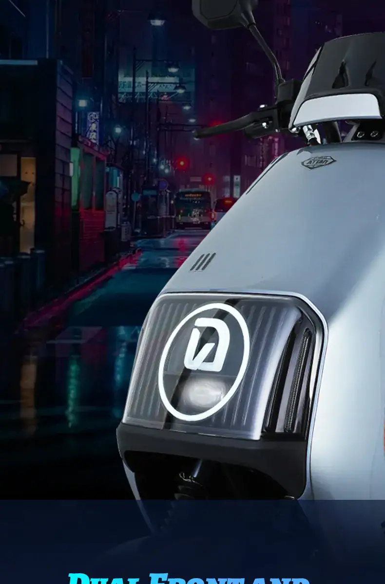 Modern electric scooter parked on a city street at night with vibrant neon lights and wet pavement, showcasing urban mobility solutions and eco-friendly transportation options.