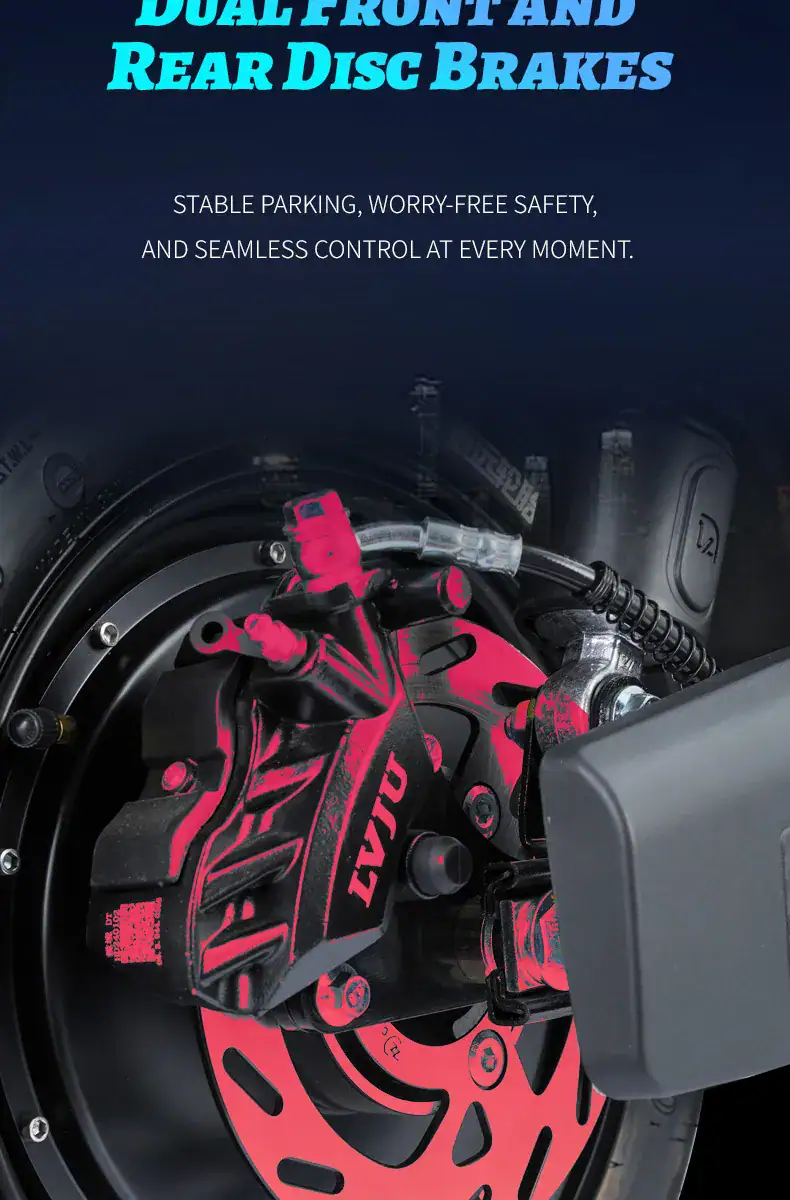 Dual front and rear disc brakes on a motorcycle, showcasing high-performance braking system with pink calipers and ventilated rotors for enhanced safety and control.