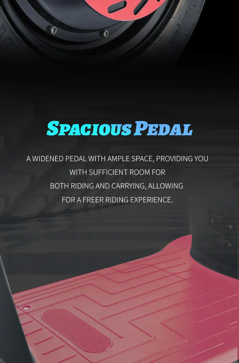 Close-up of a wide, pink electric bike pedal with ample space for comfortable riding and carrying, designed for enhanced riding experience and convenience.