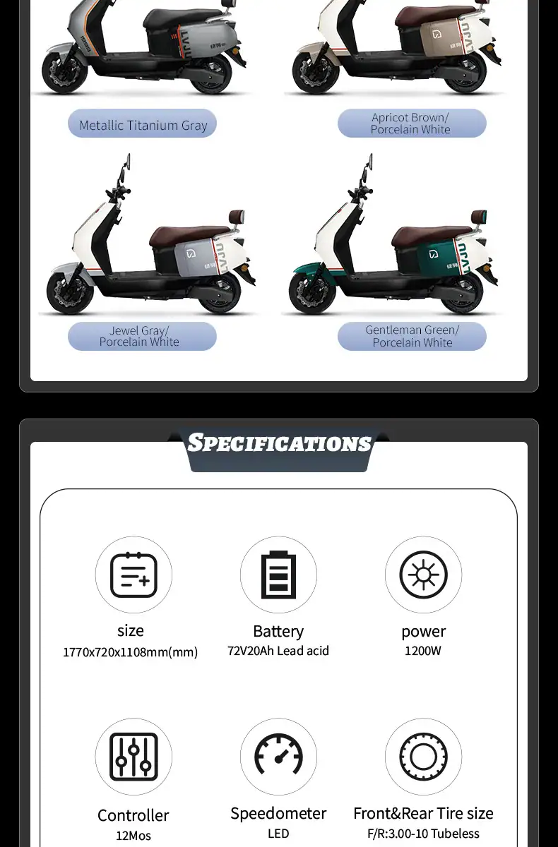 Image showcasing four electric scooters in different colors—metallic titanium gray, apricot brown, jewel gray, and gentleman green—highlighting stylish urban transportation options.