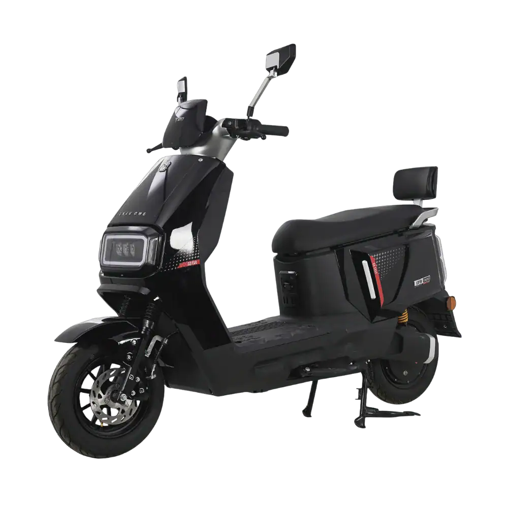 Electric scooter with sleek black finish, digital display, and side storage compartments, ideal for city travel and eco-friendly transportation solutions.