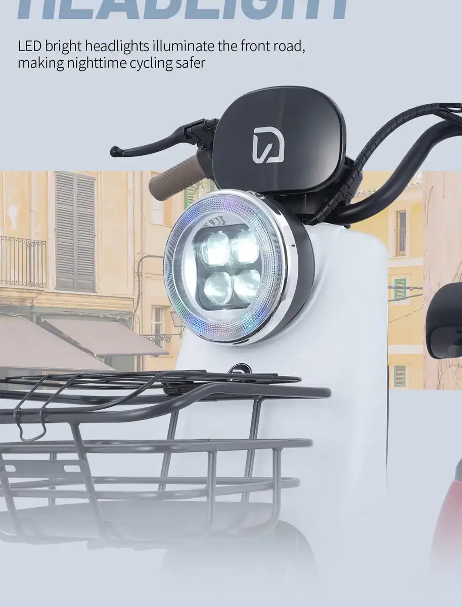 Electric scooter with bright LED headlights, ergonomic handlebar, and front basket, designed for safe and convenient urban commuting during night rides.