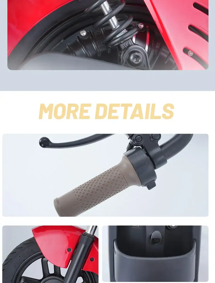 Motorcycle suspension and handlebar close-up, showcasing the front fork, shock absorber, and grip for enhanced riding stability and control.