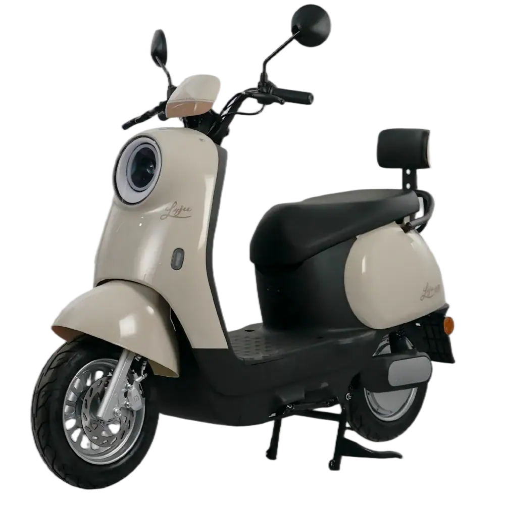 Electric scooter with retro design, beige and black color, suitable for urban commuting and eco-friendly transportation. Features a comfortable seat, handlebars, and modern electric motor.