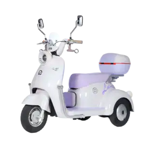 Electric scooter with a sleek white design and purple accents, featuring a storage box on the back, ideal for delivery services or personal transportation.