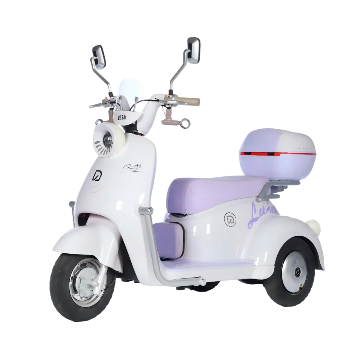 Electric scooter with a sleek white design and purple accents, featuring a storage box on the back, ideal for delivery services or personal transportation.