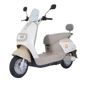 Electric scooter designed for city travel, featuring a sleek beige and white body with modern handlebars and comfortable seat.