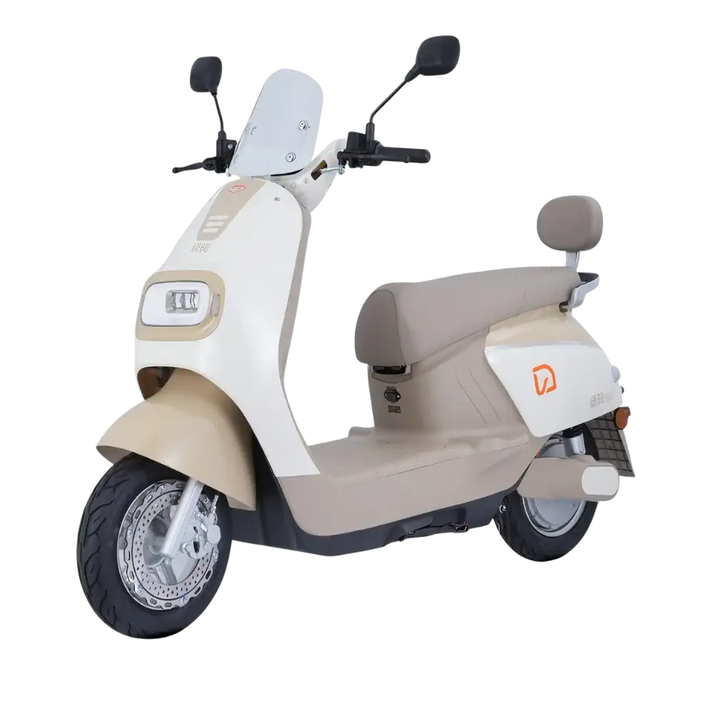 Electric scooter designed for city travel, featuring a sleek beige and white body with modern handlebars and comfortable seat.