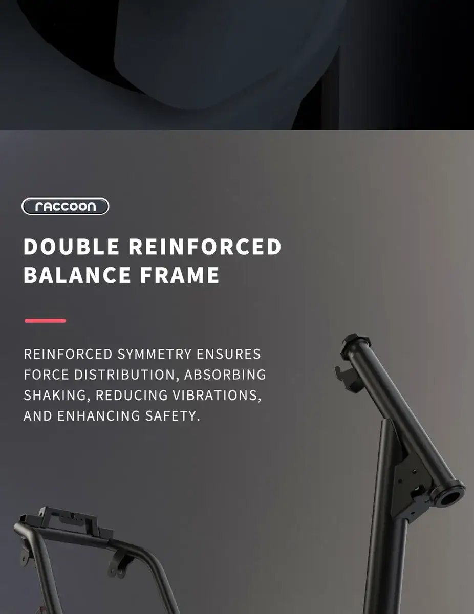 Close-up of a double reinforced balance frame for Raccoon vacuum cleaners, highlighting durability and stability features.