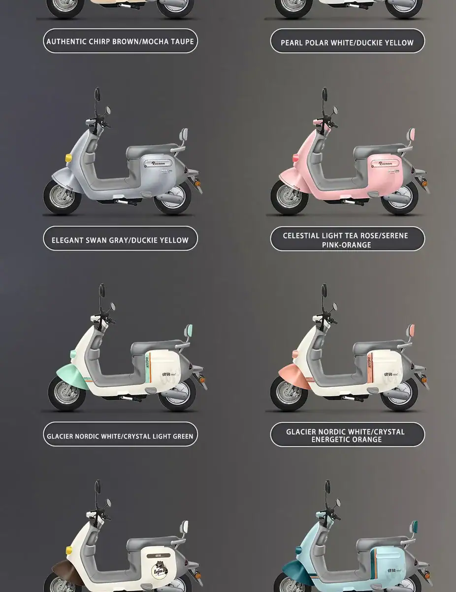 Electric scooter models in various colors and finishes.