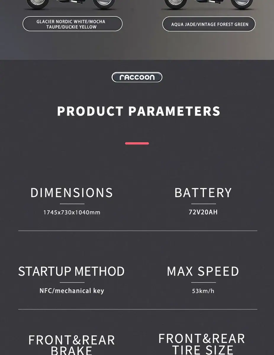 Product parameters chart for Raccoon device showing dimensions, battery, startup method, max speed, and front/rear size.