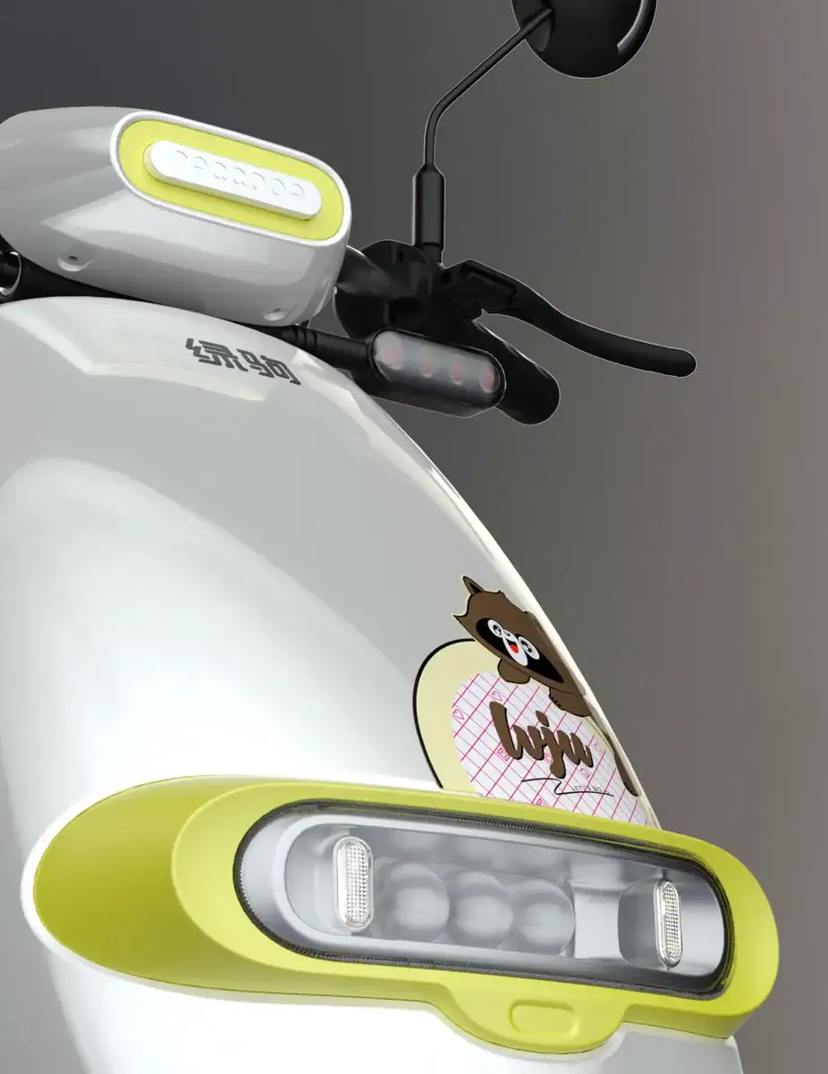 Modern electric scooter featuring a raccoon illustration on the side, with sleek design and bright yellow accents, ideal for eco-friendly urban transportation.
