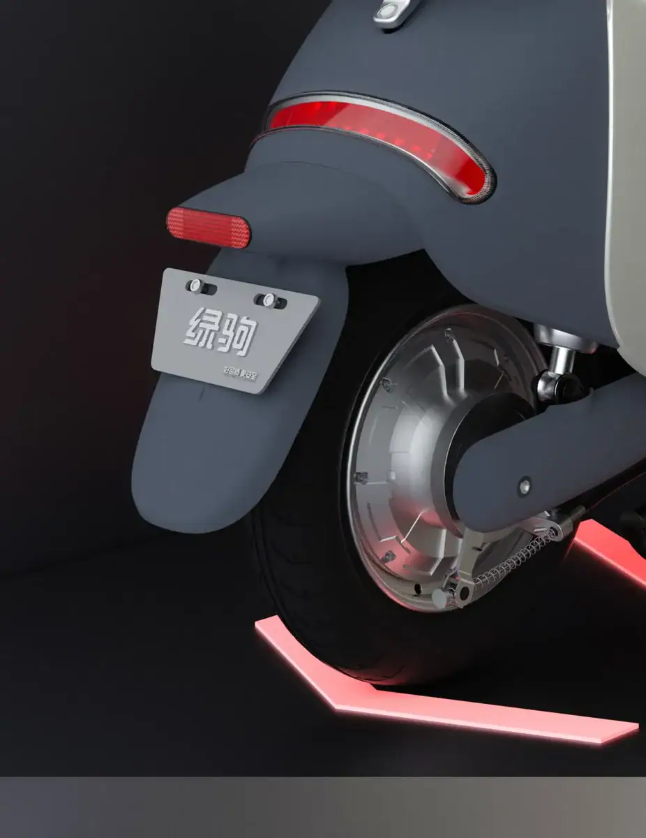 Close-up of a modern electric scooter's rear wheel and fender with a raccoon-themed license plate, showcasing sleek design and LED lighting accents.