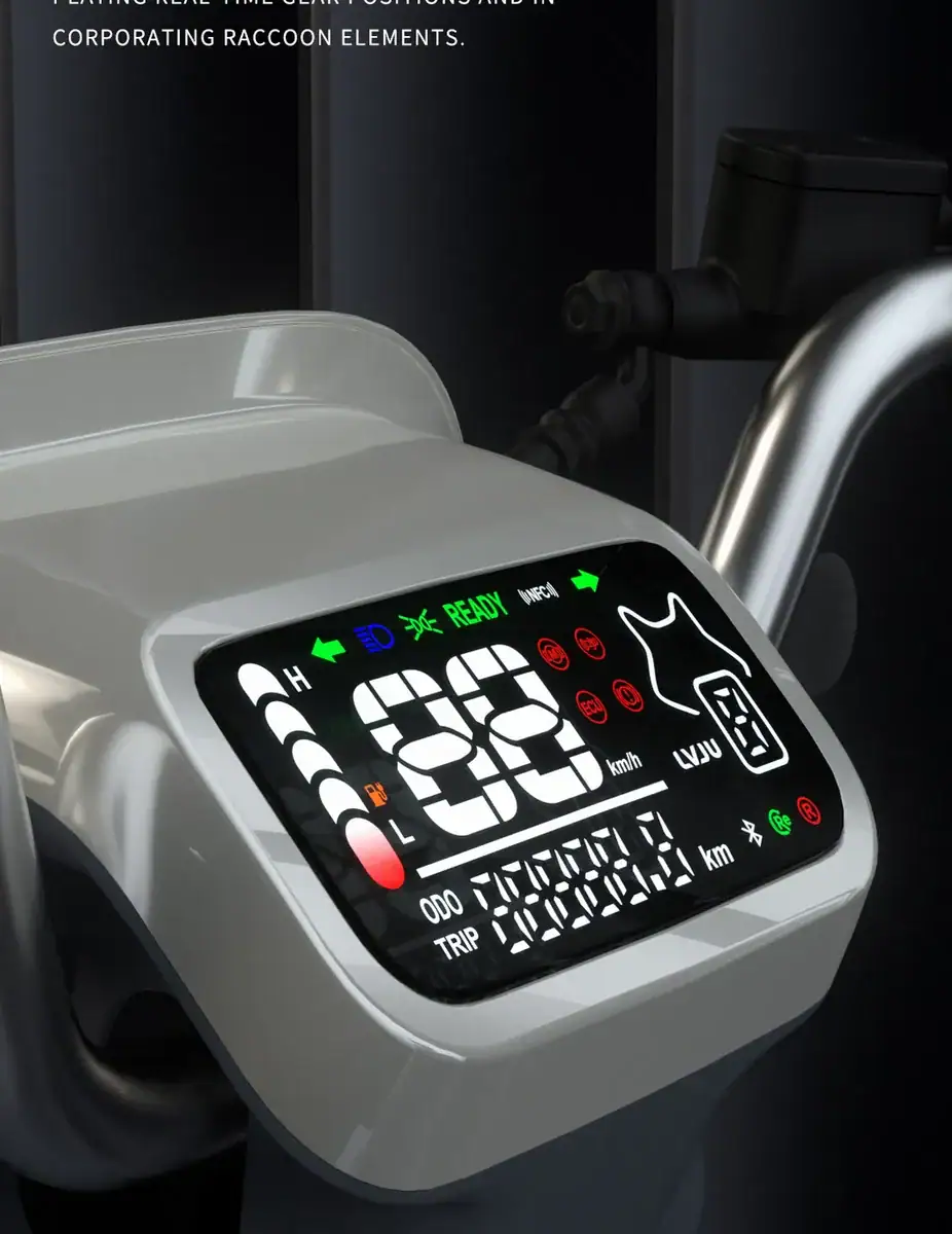 Close-up of a modern electric scooter dashboard with digital display, showing speed, battery level, and trip data, set against a dark background.