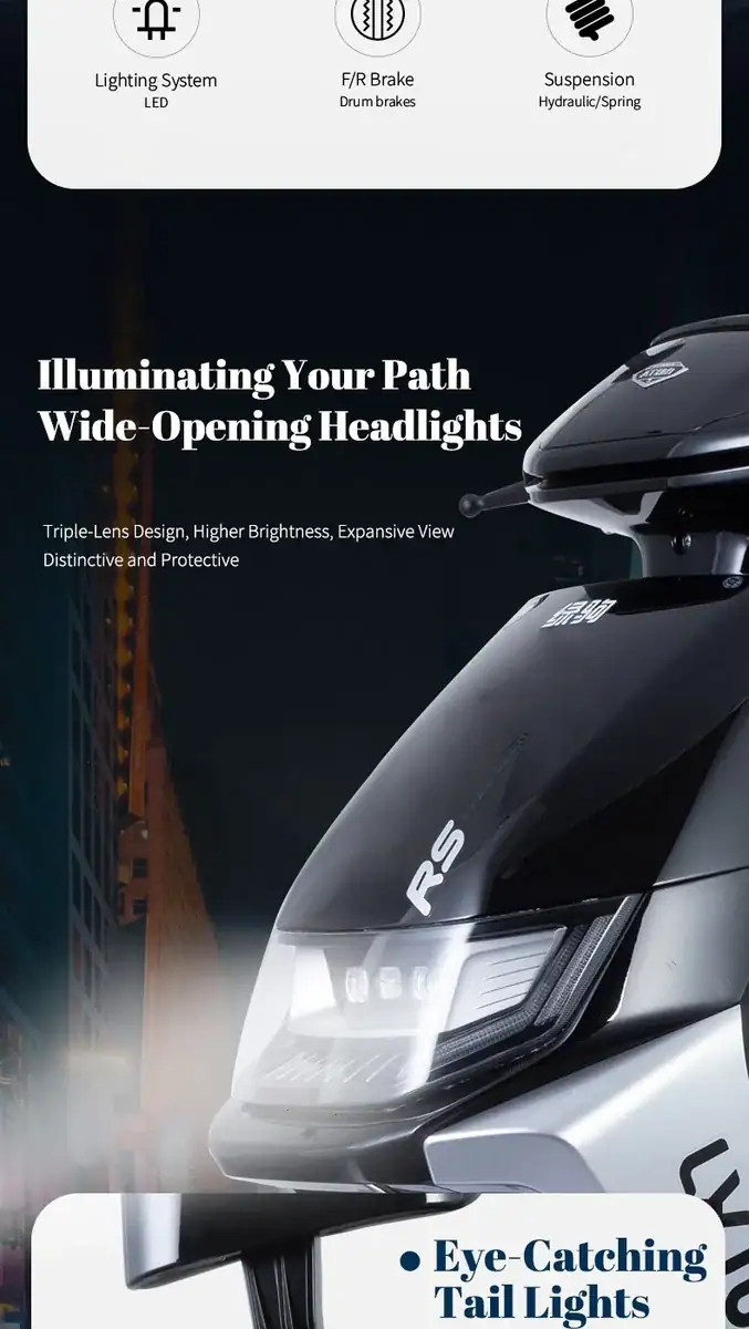 Close-up of a modern motorcycle headlight with LED lighting, showcasing advanced illumination technology for enhanced visibility and safety during night rides.