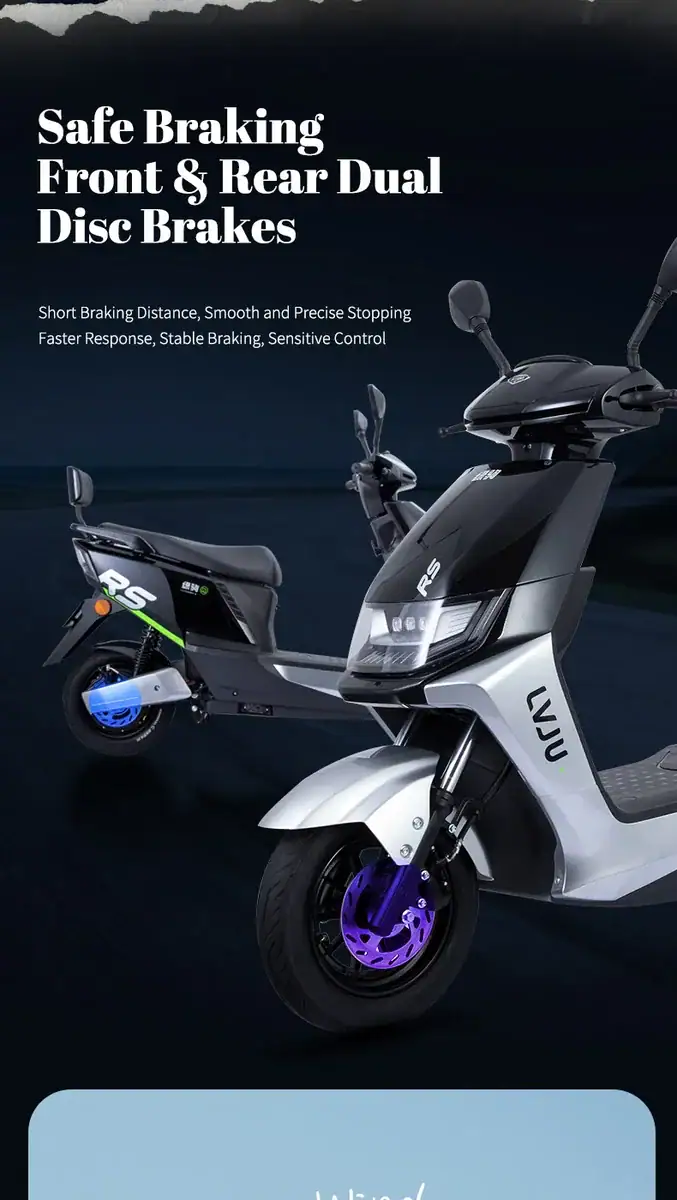 Electric scooter featuring front and rear dual disc brakes for enhanced safety, quick stopping, and reliable performance. Ideal for urban commuting and eco-friendly transportation.