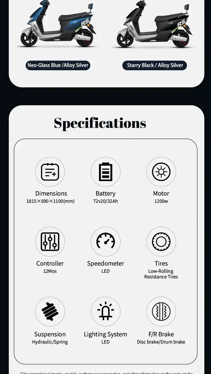Side-by-side comparison of two electric scooters highlighting features like dimensions, battery, motor, controller, speedometer, tires, suspension, lighting, and brake system.