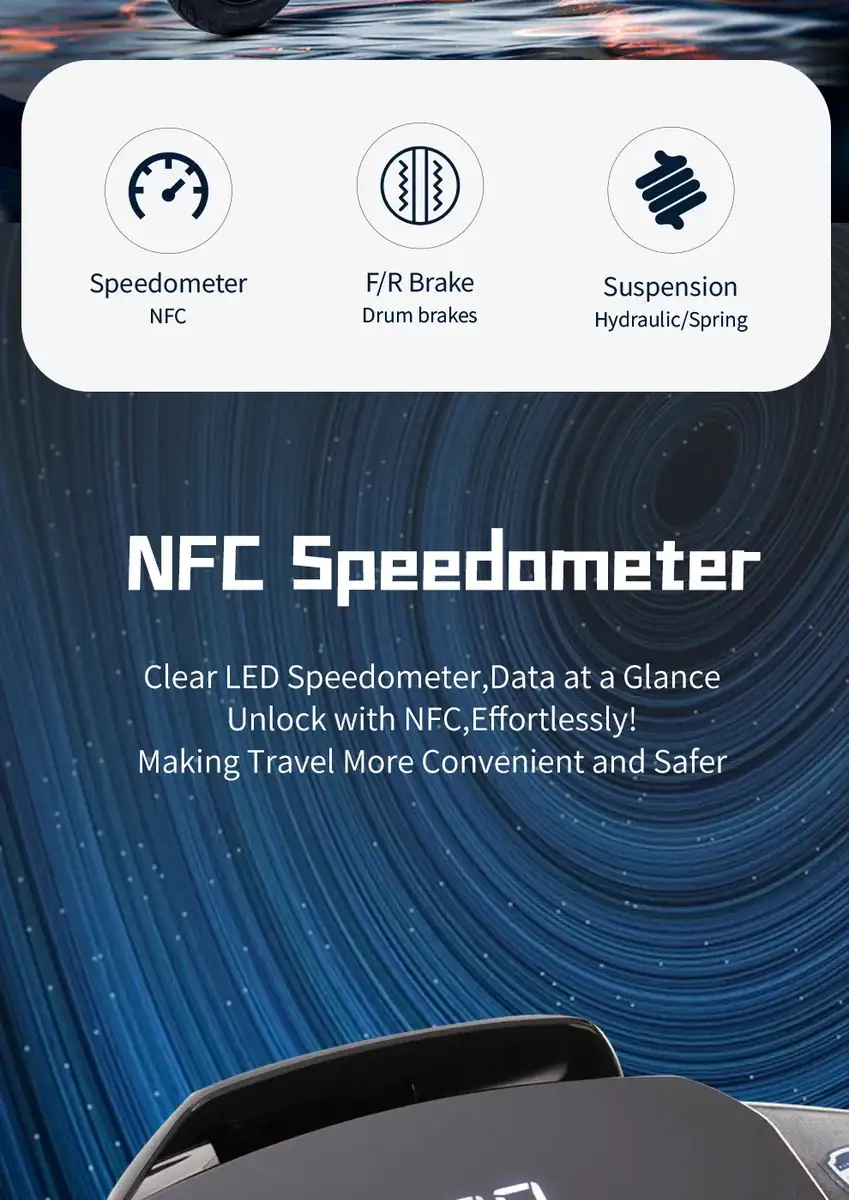 NFC speedometer with LED display, featuring speed measurement, F/R brake monitoring, and suspension status for enhanced vehicle safety.