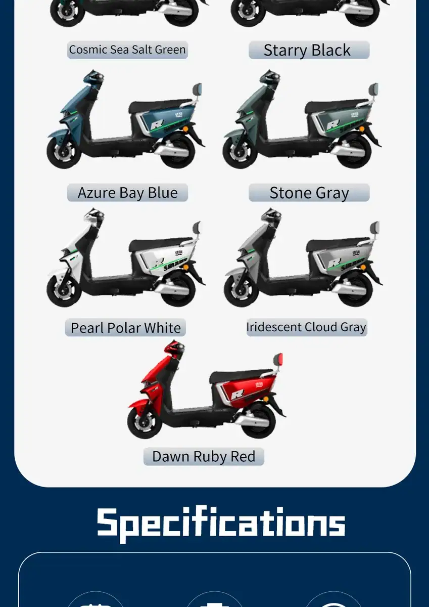 Image of Star River electric scooters in various colors including Cosmic Sea Salt Green, Starry Black, Azure Bay Blue, Stone Gray, Pearl Polar White, Iridescent Cloud Gray, and Dawn Ruby Red, showcasi.