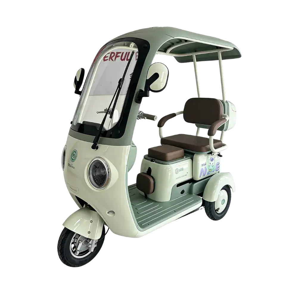Electric three-wheeled rickshaw designed for eco-friendly urban mobility and delivery services. Compact, efficient, and ideal for short-distance travel in city environments.