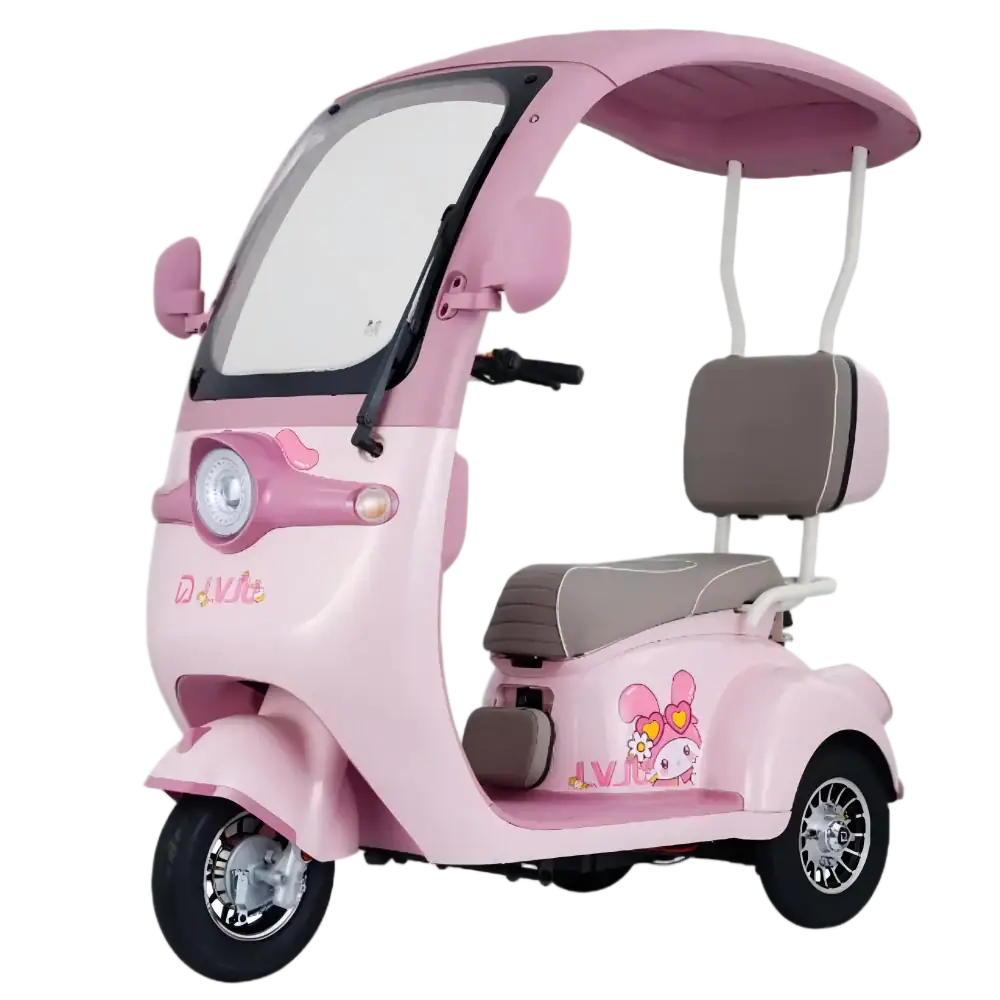 Pink kids electric tricycle with canopy, featuring a cute Hello Kitty design, ideal for children’s outdoor rides and fun adventures.