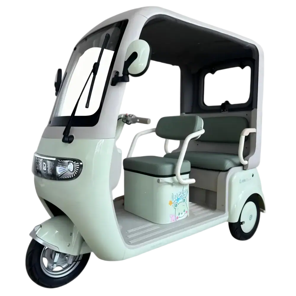 Electric rickshaw designed for eco-friendly urban transportation and short-distance travel. Features a compact, modern design with comfortable seating, ideal for city commuting and delivery services.