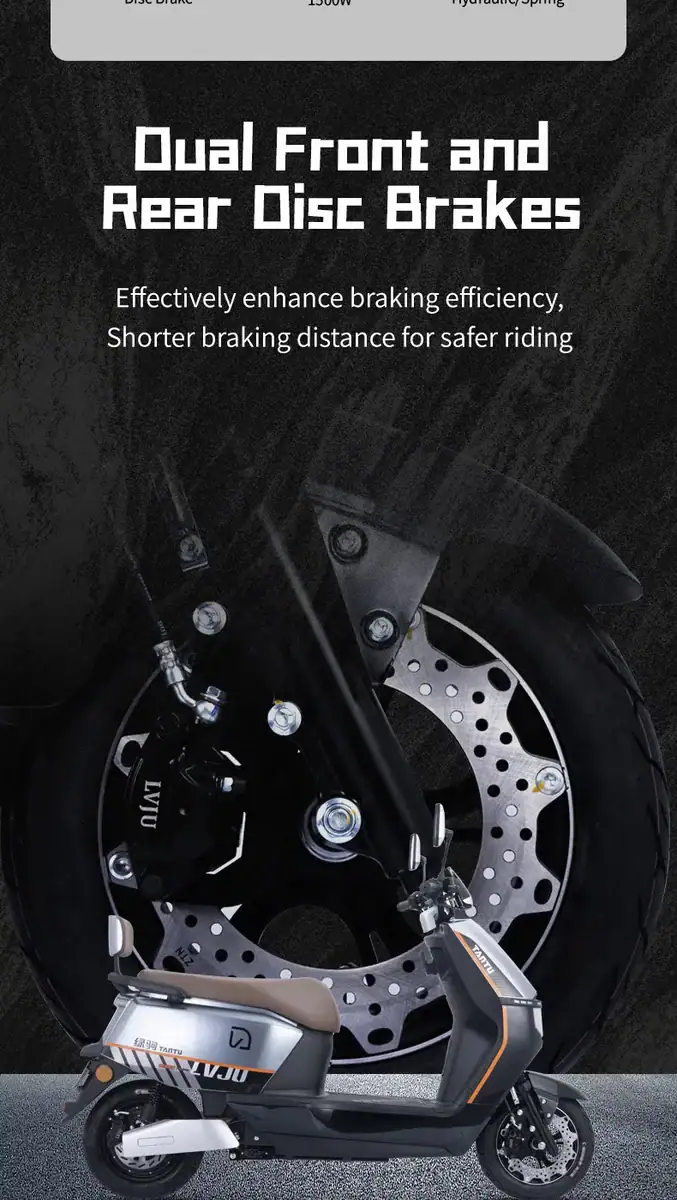 Close-up of TANTOUR electric scooter's front disc brake system, showcasing dual front and rear disc brakes for improved safety and braking efficiency.