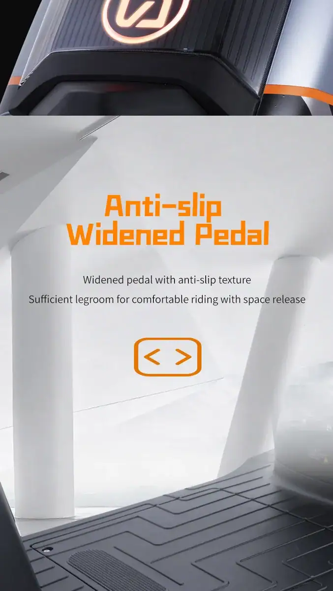 Close-up of an anti-slip widened pedal on an electric bike, showcasing textured surface for secure footing and enhanced riding comfort.