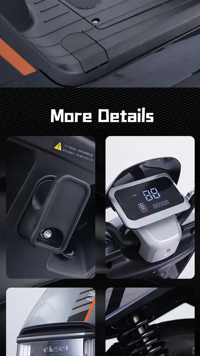 Close-up of TANTOUR electric scooter accessories including charger, display panel, and suspension system for enhanced riding experience.