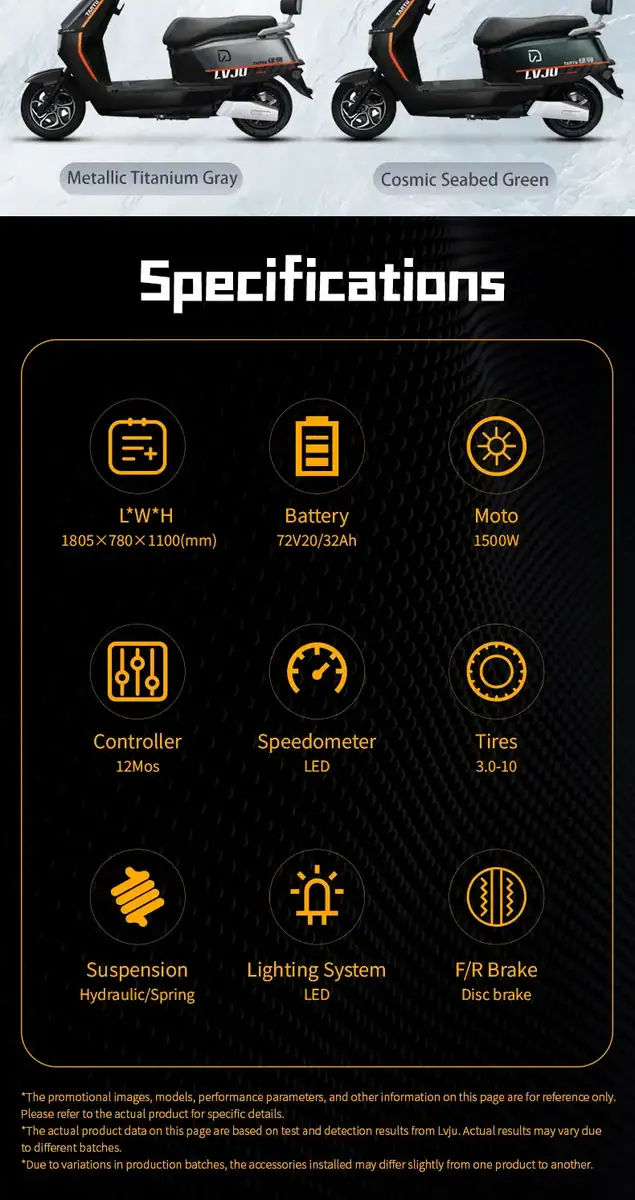 High-quality electric scooter with metallic titanium gray and cosmic seabed green options, featuring advanced specs like LED lighting, 1500W motor, and hydraulic suspension.