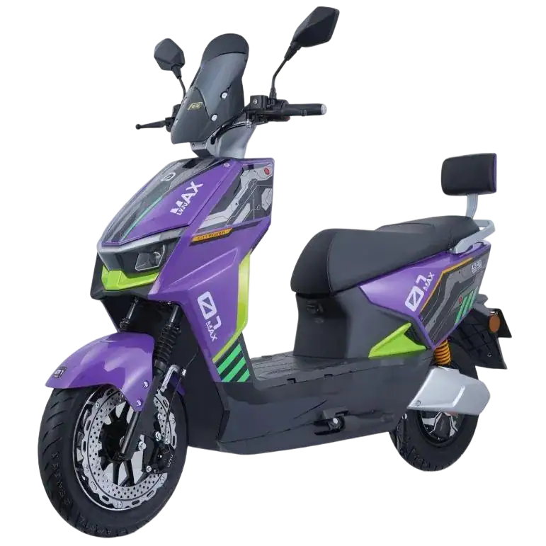 Electric scooter with sleek purple and black design, featuring modern LED lights, comfortable seat, and advanced battery technology for efficient city transportation.