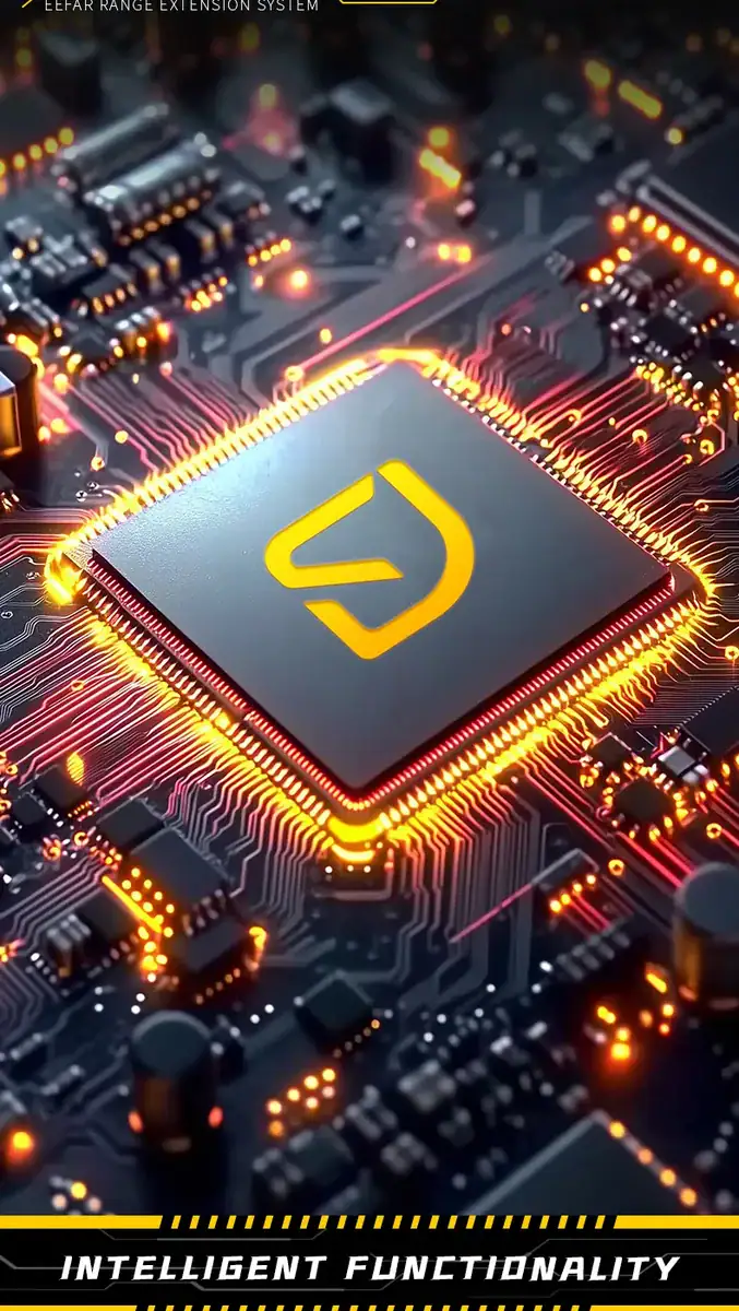 Close-up of a high-tech circuit board featuring a central digital chip with glowing orange and yellow accents, representing advanced electronics and computing technology.