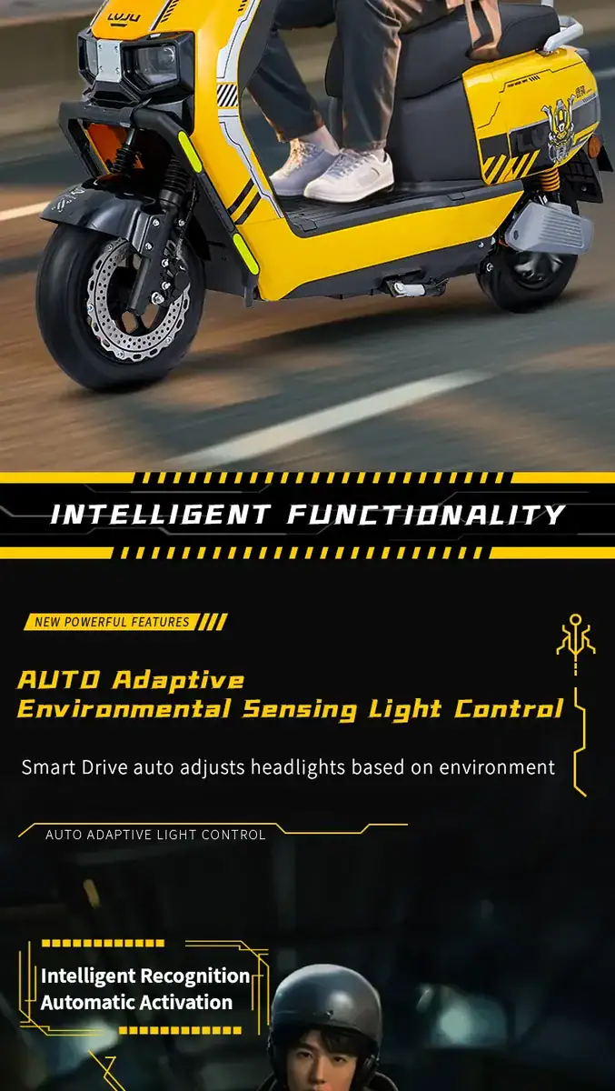 Yellow electric scooter featuring auto adaptive environmental sensing light control and intelligent recognition for enhanced safety and performance.