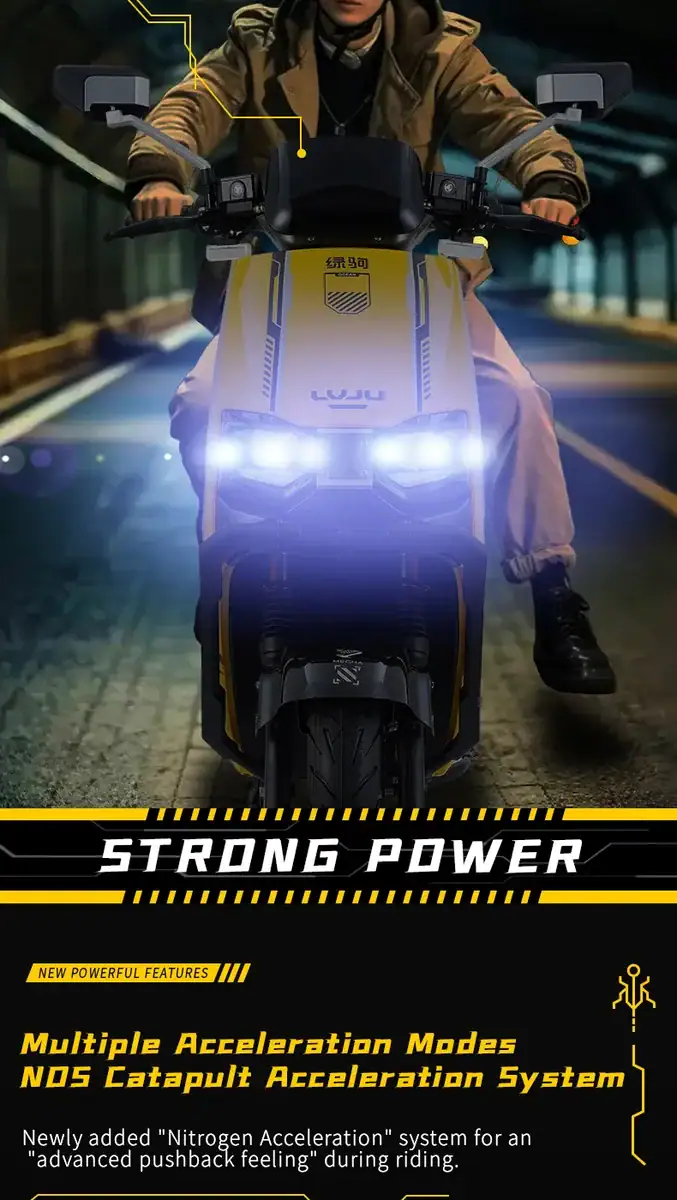 Electric motorcycle with bright LED headlights and modern design, suitable for city commuting and eco-friendly transportation. Features multiple acceleration modes and advanced safety features.