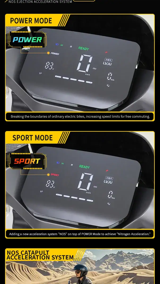 Close-up of electric bike dashboard showing Power Mode and Sport Mode settings with digital display and indicators.