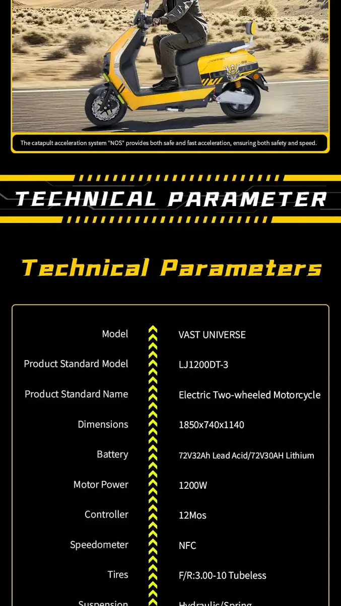 Detailed technical specifications of the Vast Universe electric motorcycle, including model, dimensions, battery, motor power, and features.