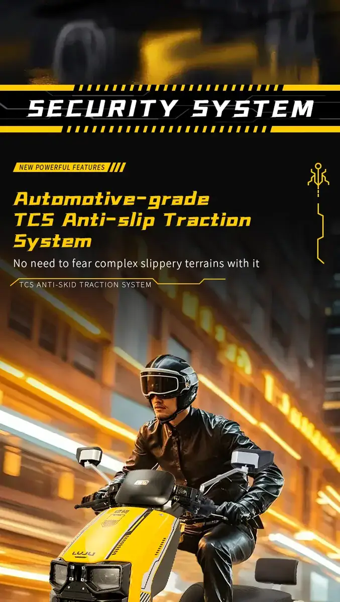 Auto-Draft security system image showing automotive-grade TCS anti-slip traction system with rider in urban night setting.
