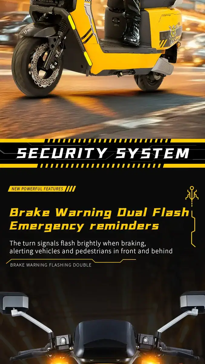 Electric scooter featuring advanced security system and dual flash emergency brake warnings for enhanced safety. Bright LED indicators alert pedestrians and vehicles, ensuring quick response during br.