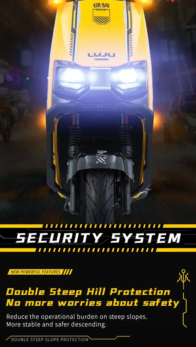 Electric scooter featuring advanced security system and double steep hill protection for enhanced safety and stability on challenging terrains.