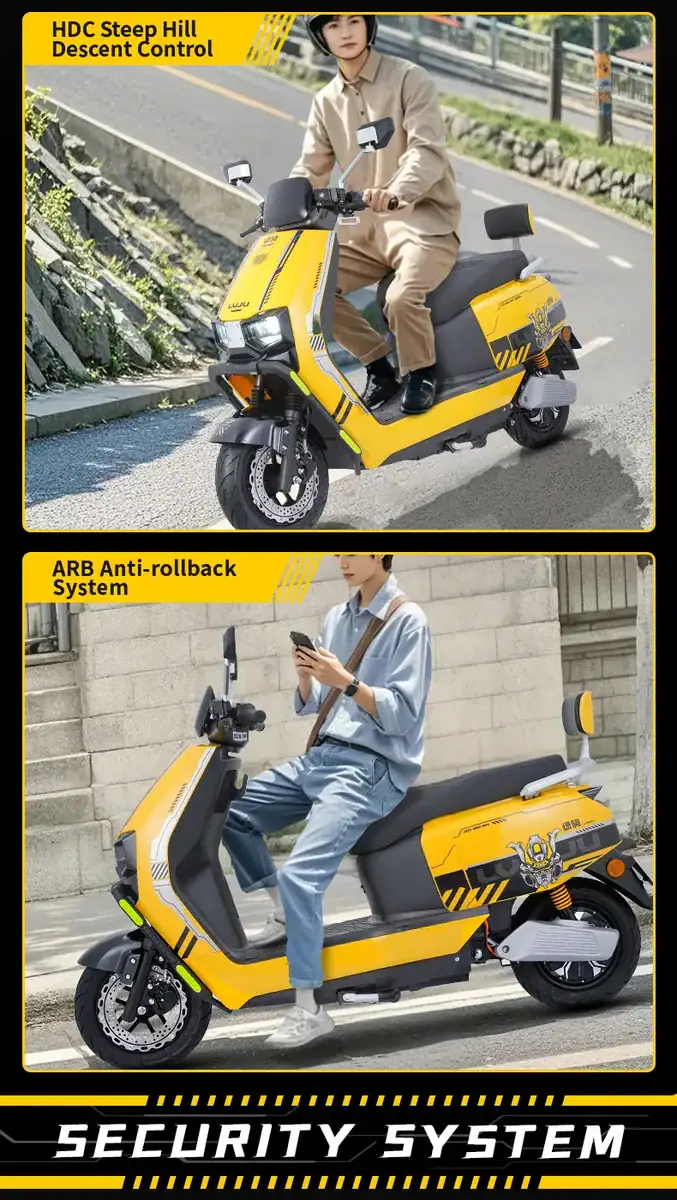 Modern yellow electric scooter featuring HDC Steep Hill Descent Control and ARB Anti-rollback System, designed for safe urban commuting and enhanced security.