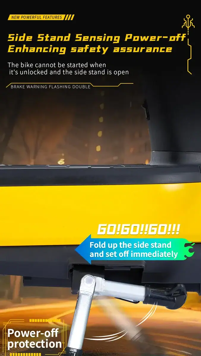 Side stand sensing power-off feature on a bicycle, enhancing safety by preventing ride start when the side stand is down.