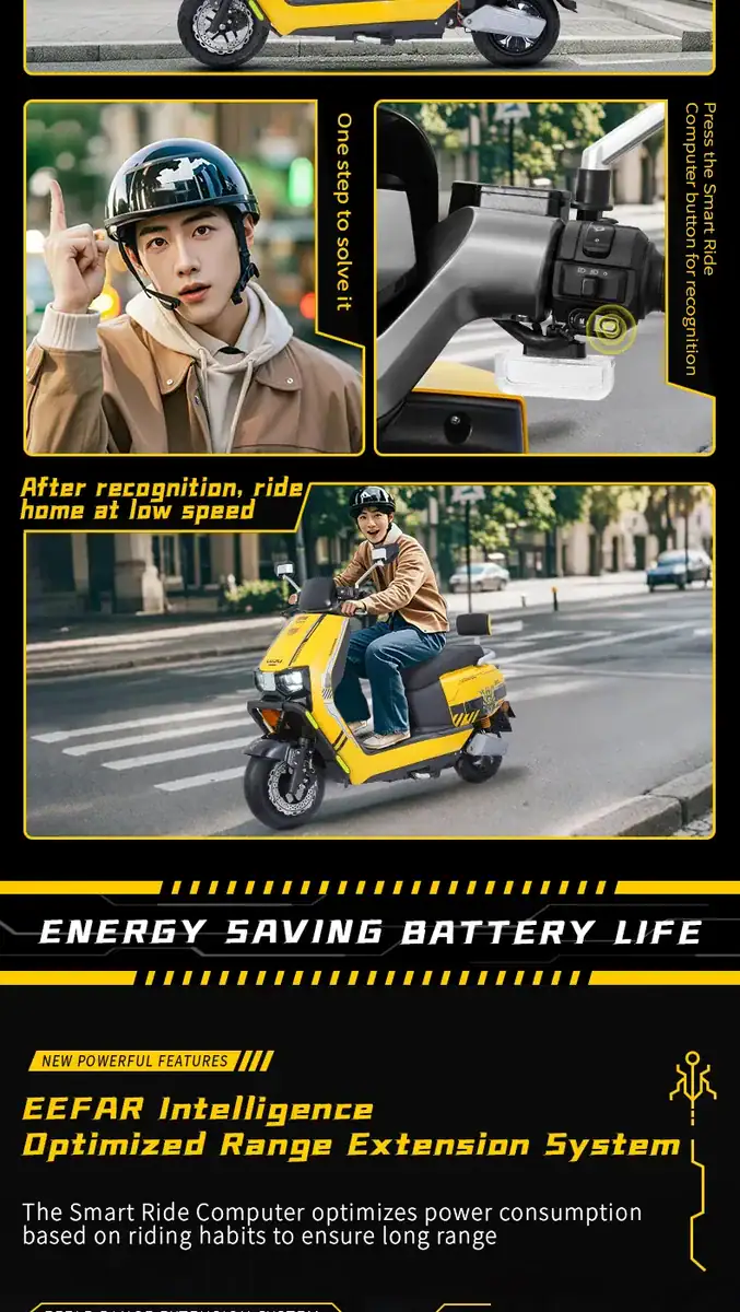 Electric scooter handlebar and rider on city street, showcasing advanced features and energy-saving technology.