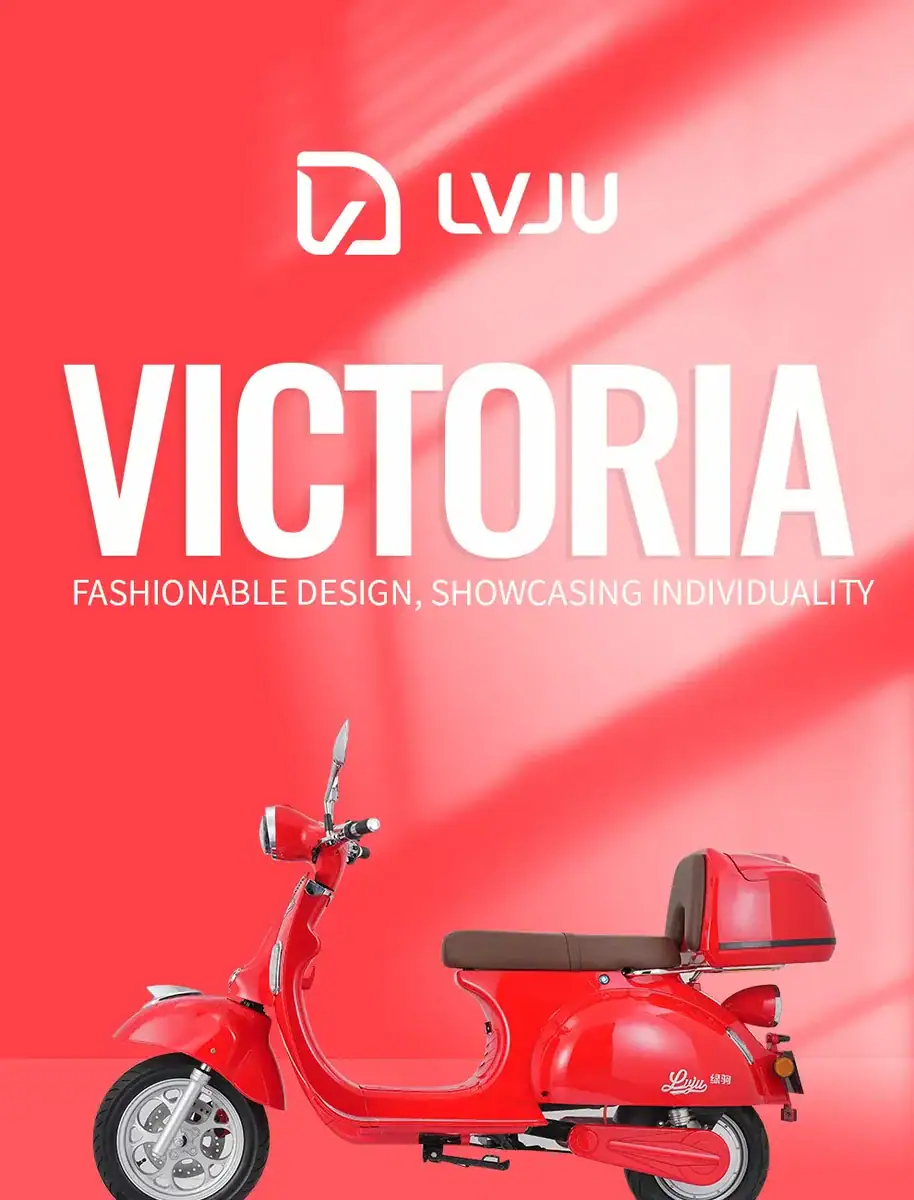 Electric scooter Victoria by LVJU, featuring a sleek red design, comfortable seat, and practical storage box, perfect for eco-friendly city commuting and showcasing modern mobility solutions.