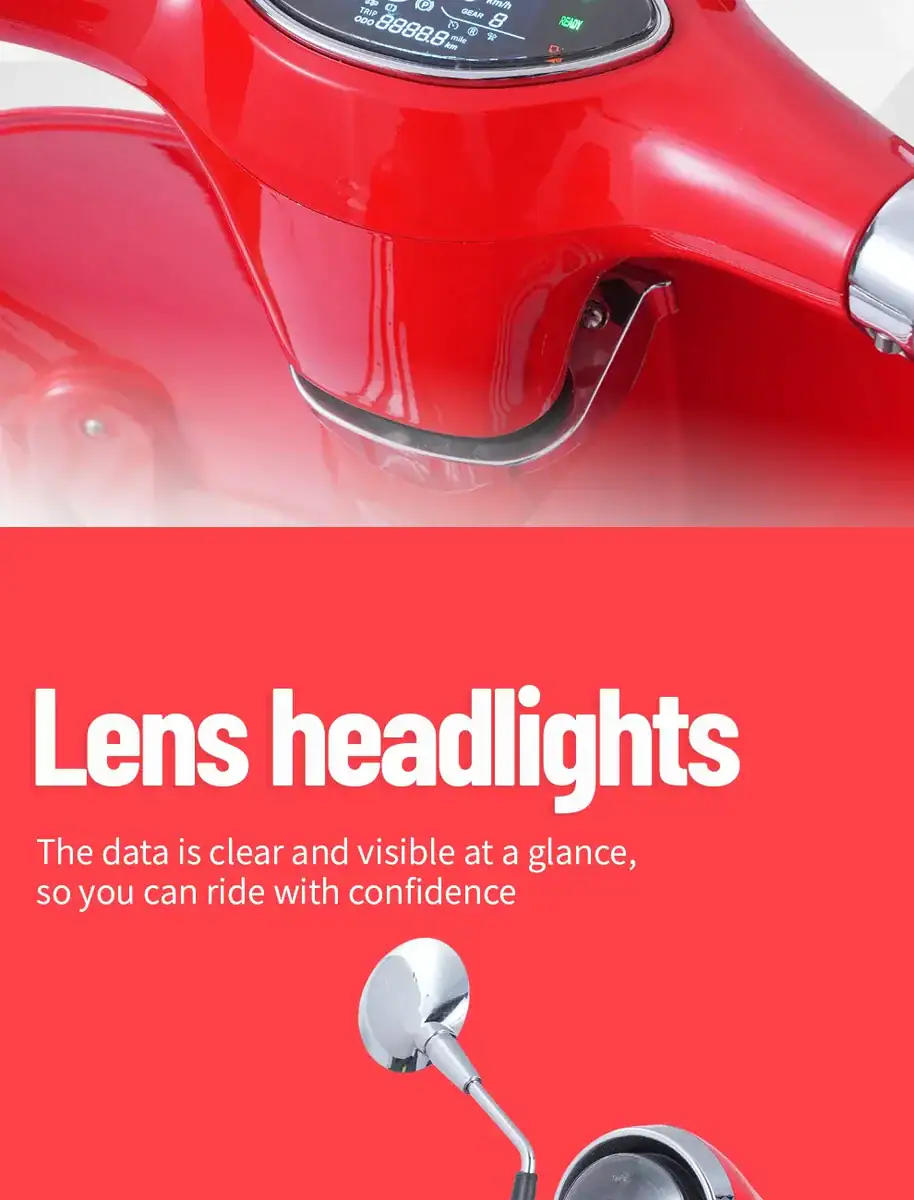 Victoria red scooter featuring innovative lens headlights for enhanced visibility and style. Perfect for urban commuting and stylish rides, combining safety and modern design.