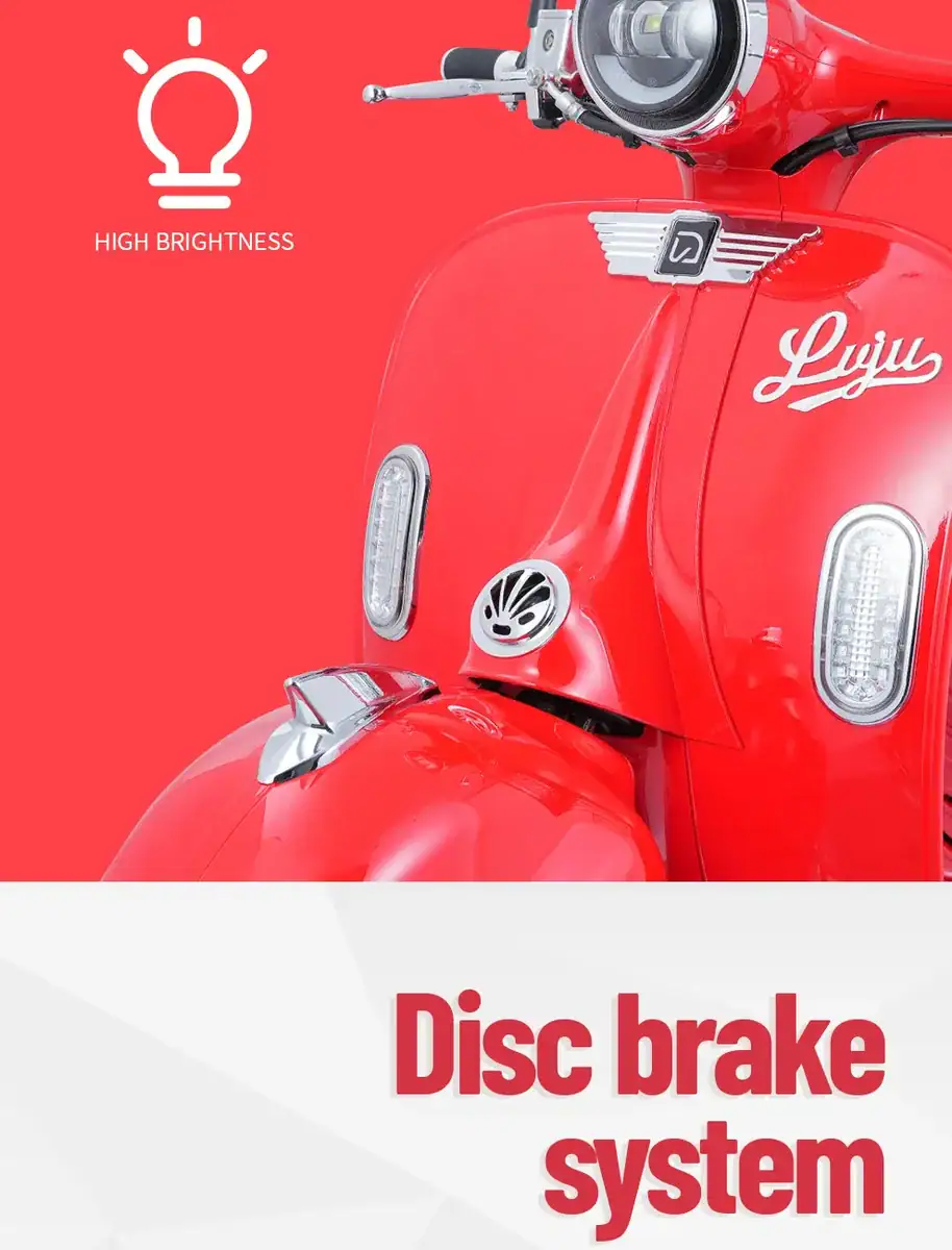 High brightness LED lights on a red scooter with disc brake system for improved safety and braking performance.