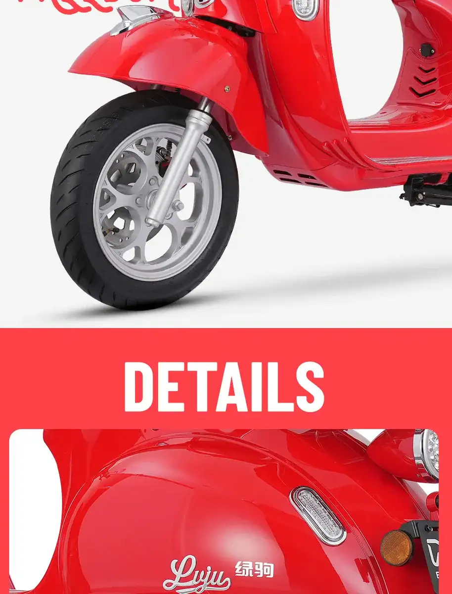 Red scooter front wheel and body close-up, showcasing sleek design and detailed features. Perfect for urban commuting, combining style and functionality in a compact vehicle.
