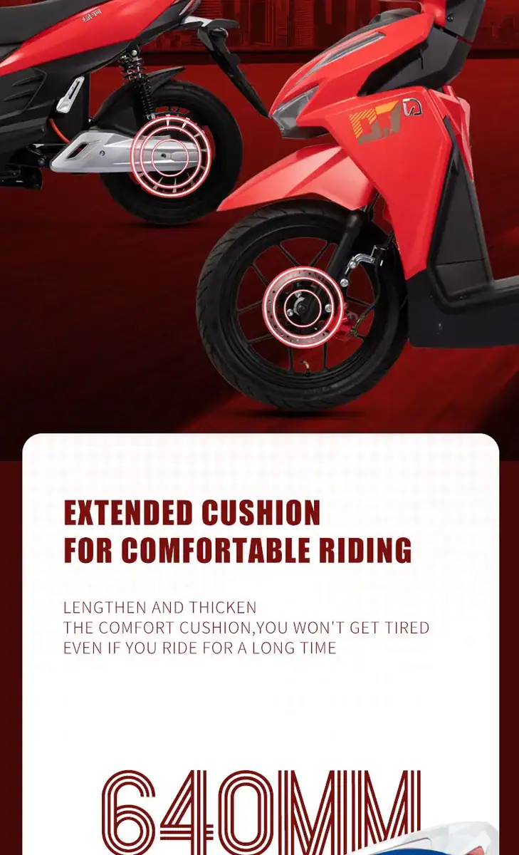 Electric scooter featuring an extended cushion for enhanced comfort during long rides, with a focus on ergonomic design and smooth performance for urban commuting.