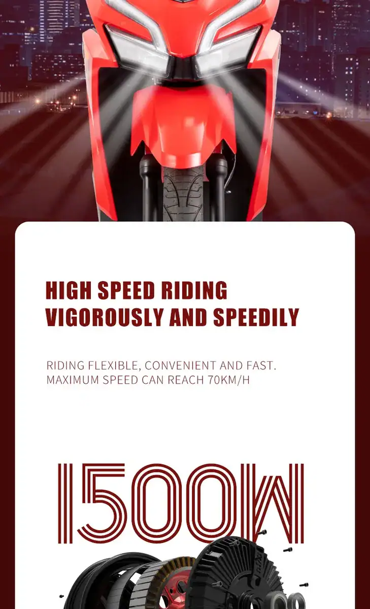 Modern red electric motorcycle with aerodynamic design, showcasing high speed capabilities up to 70 km/h, ideal for fast and efficient urban commuting.