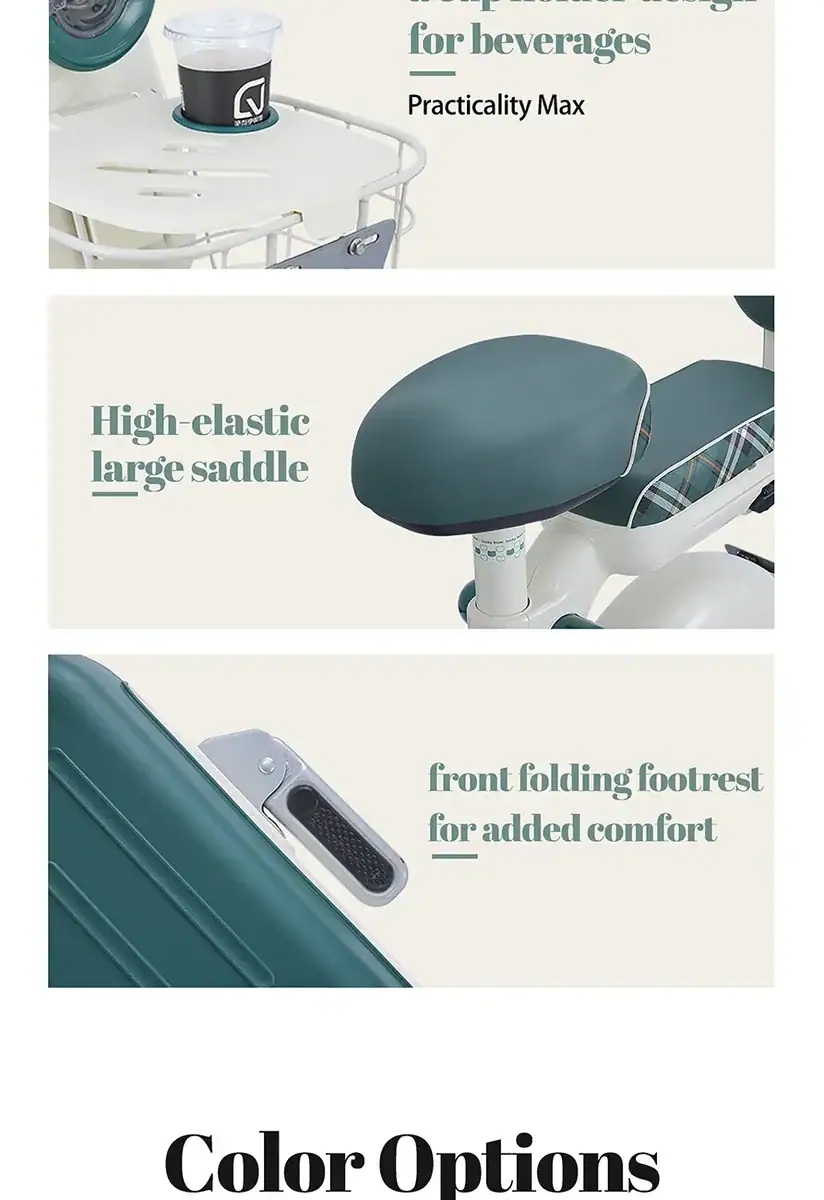 High-quality medical equipment including a beverage holder, large saddle, and front folding footrest designed for healthcare and therapy settings.